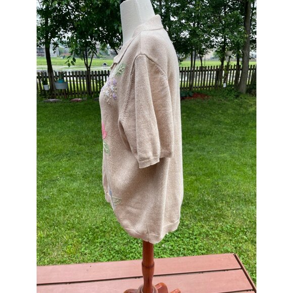 Alfred Dunner Womens 1X Beige Floral Embroidered Short Sleeve Knit Top With Coll - Picture 4 of 9